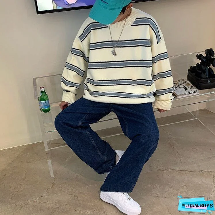 Striped Sweater Men Round Neck Winter Pullover Sweater Korean Fashion Harajuku Loose Wild Long Sleeve Sweater Oversize