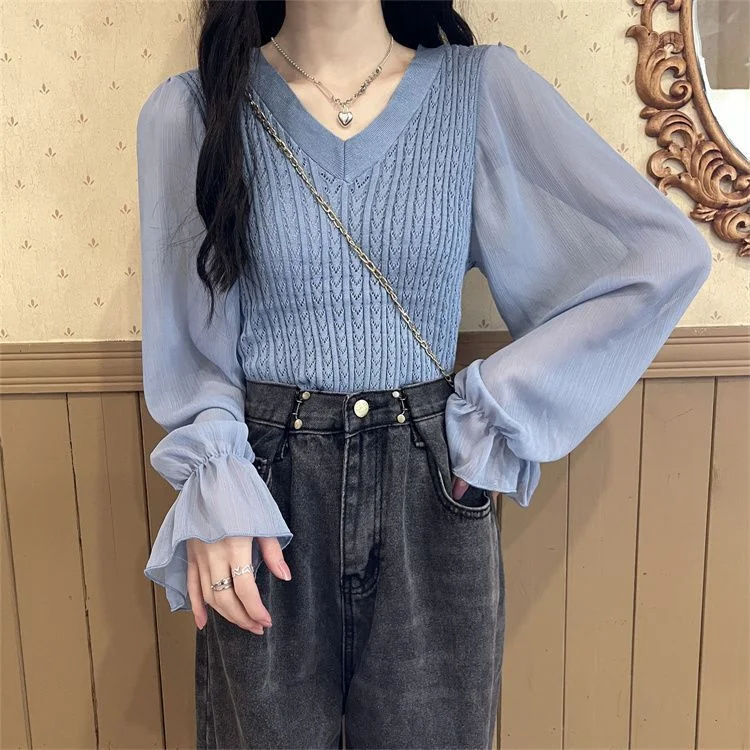 Mongw Mongw Temperament Spliced Chiffon Sleeve Long-Sleeved Top Women's Spring And Autumn New Design Sense Slimming Knitwear
