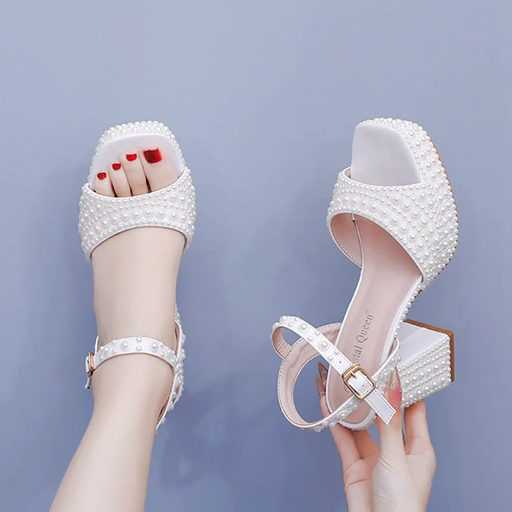 Breakj Breakj Cm Coarse Heel Fish Mouth Waterproof Table Sandals Round Head Square Sandals Side Sandals And Pearl Bridal Dress Shoes
