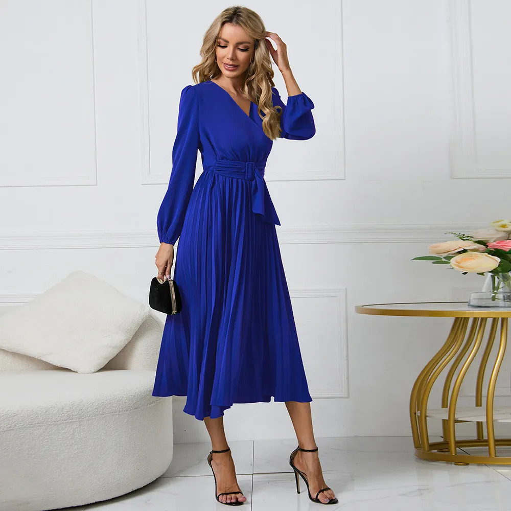 Women's V-Neck Pleated Chiffon Midi Dress