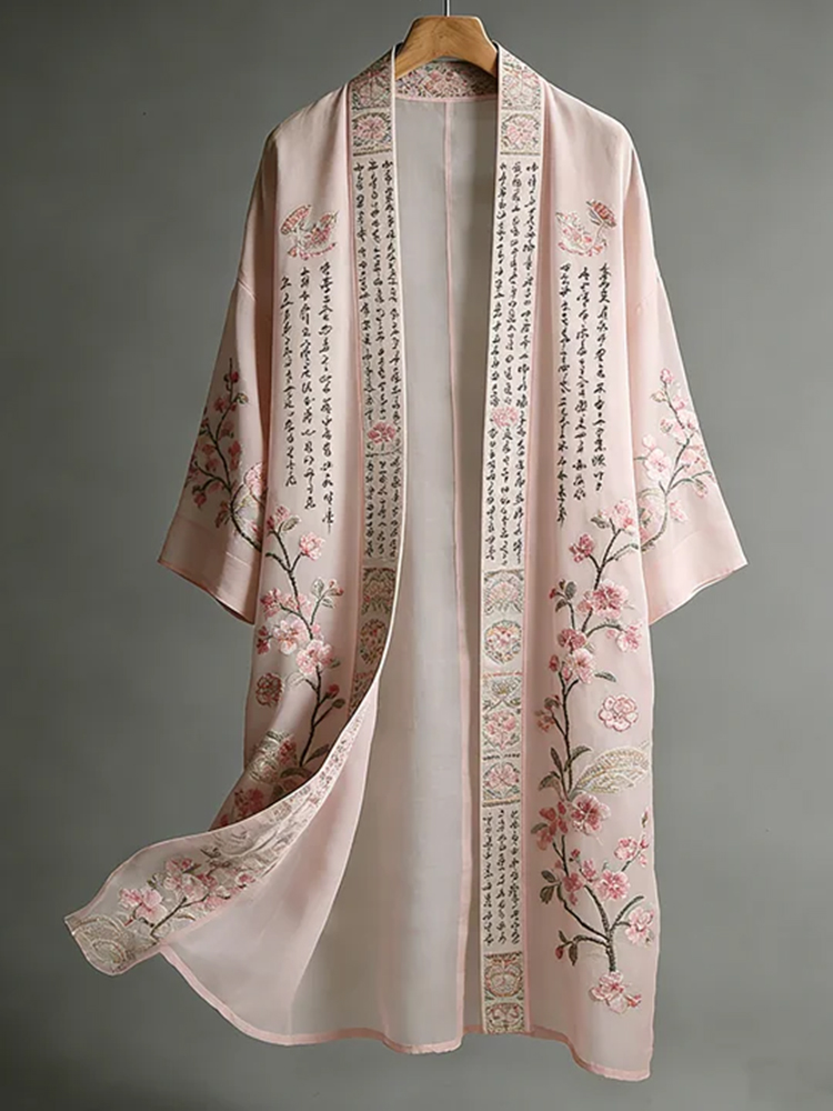 Japanese-style Floral And Calligraphy Pink Cotton-linen Flowing Kimono wearshes