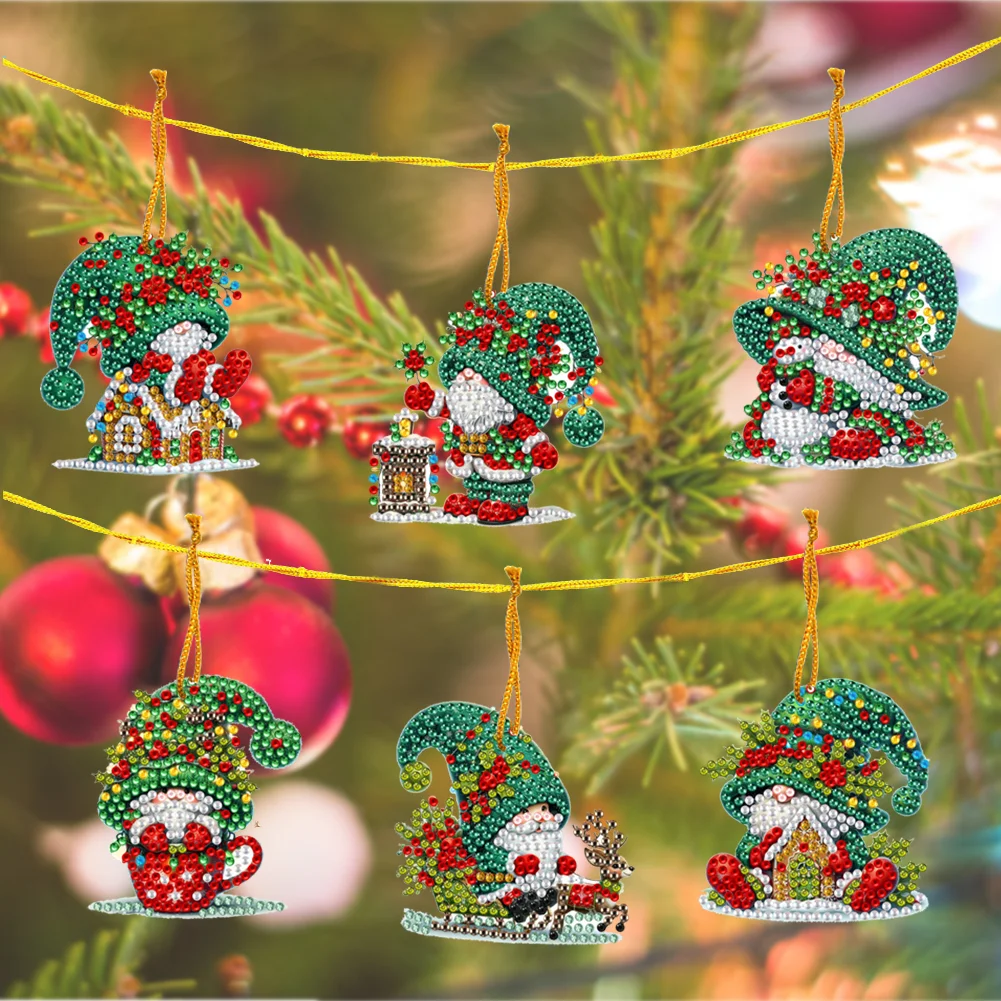 6pcs Xmas Gnome 2D Flat DIY Diamond Painting Art Pendant Wall Door Decoration