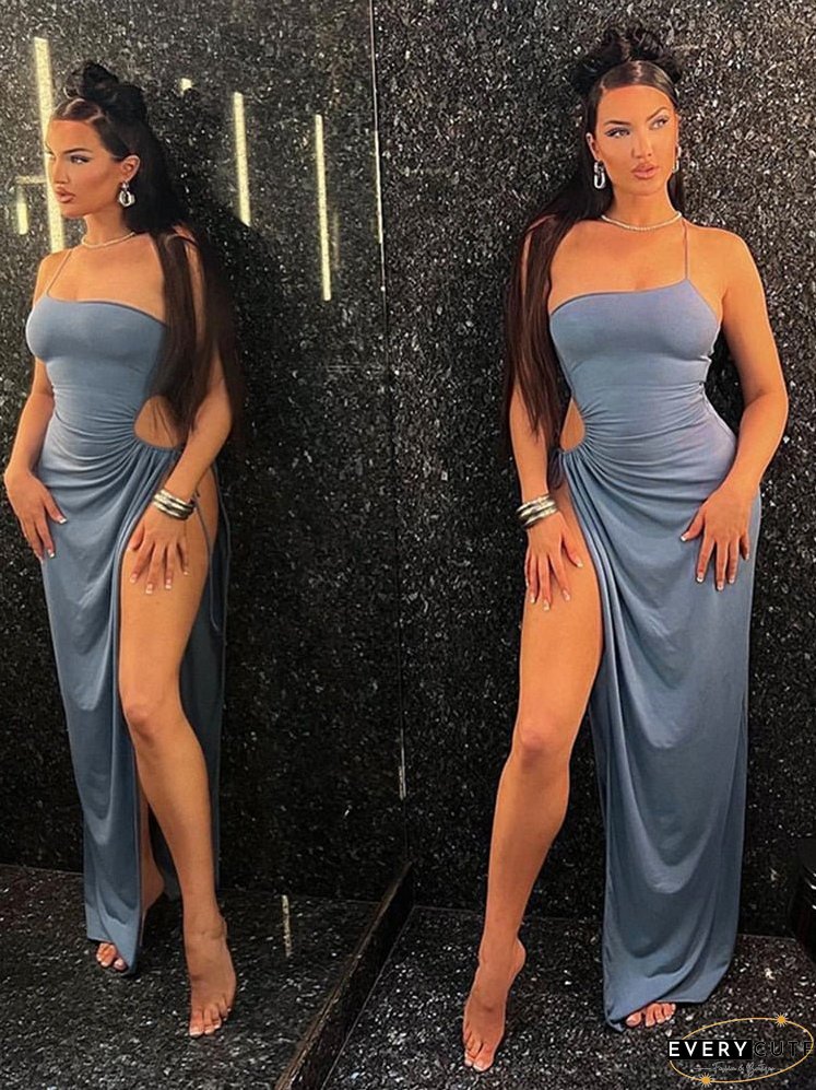 Sexy Off Shoulder Side High Split Maxi Dress Women Drawstring Sleeveless Solid Evening