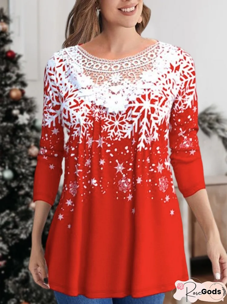 Christmas Crew Neck Snowflake Loose Casual Tops