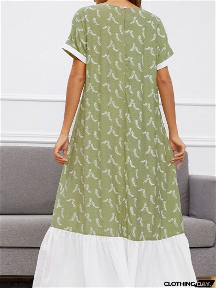 Round Neck Printed Contrast Color Long Dresses