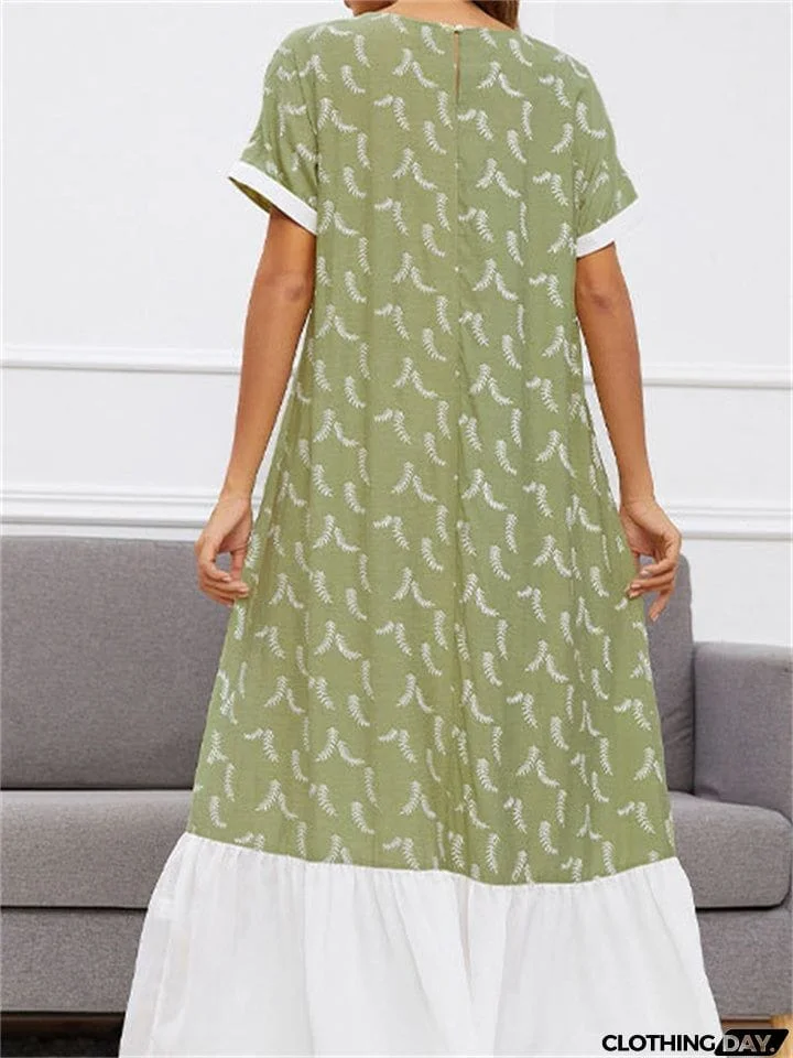 Round Neck Printed Contrast Color Long Dresses