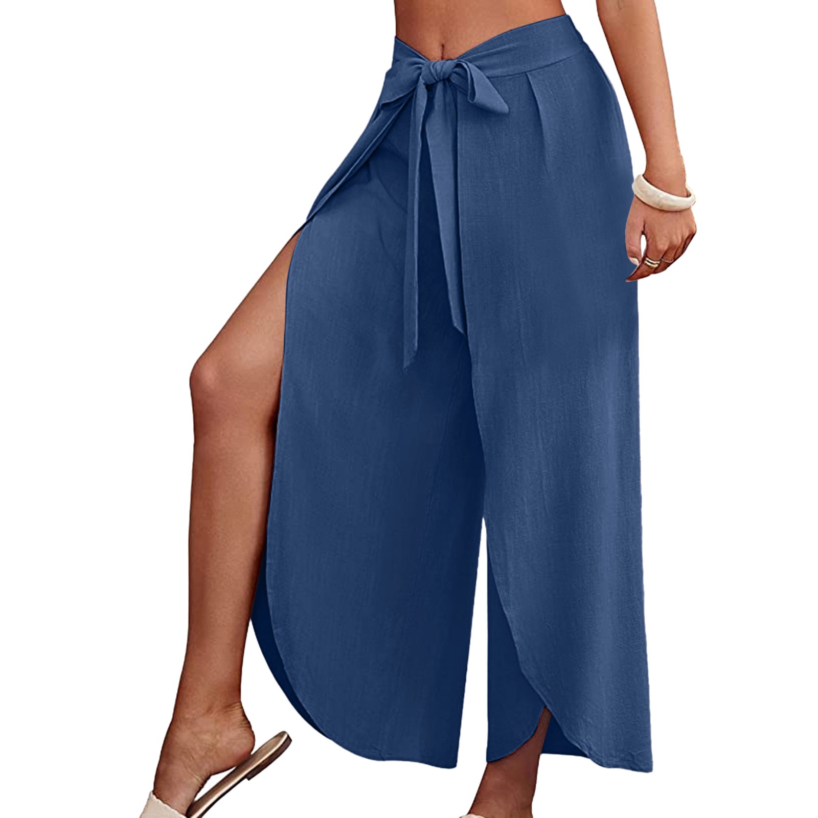 Verbsign Summer Casual Beach Palazzo Pants Ladies Slim Lace Up Business Flared Wide Leg Pants Versatile Beach Pants New Linen Dress Pants