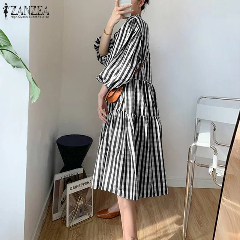 Women Summer Elegant V Neck Puff Sleeve Sundress ZANZEA Fashion Plaid Checked Midi Dress 2022 Casual OL Work Vestido Robe Femme