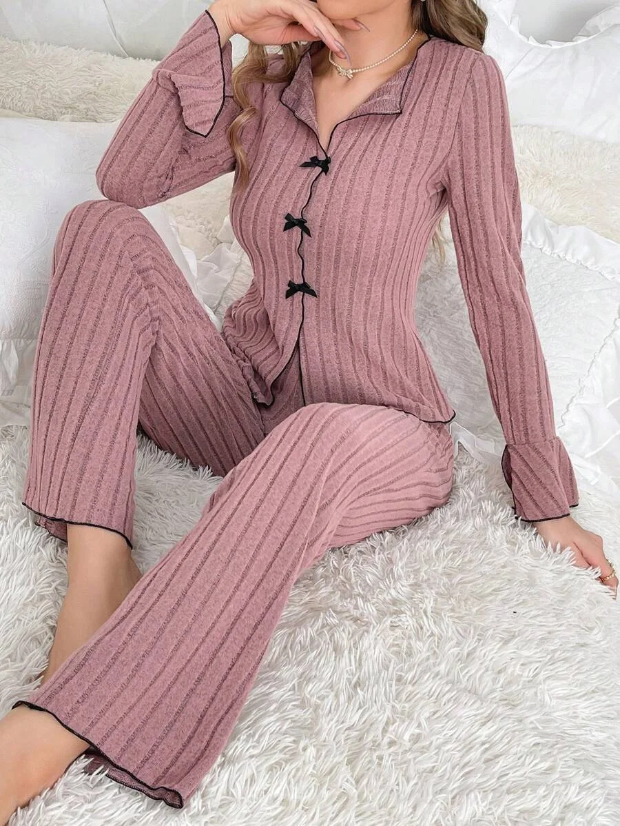 Uveng Pajamas Women Simple Fashion Collar Casual Bow Long Sleeve Trousers Homewear Suit Women