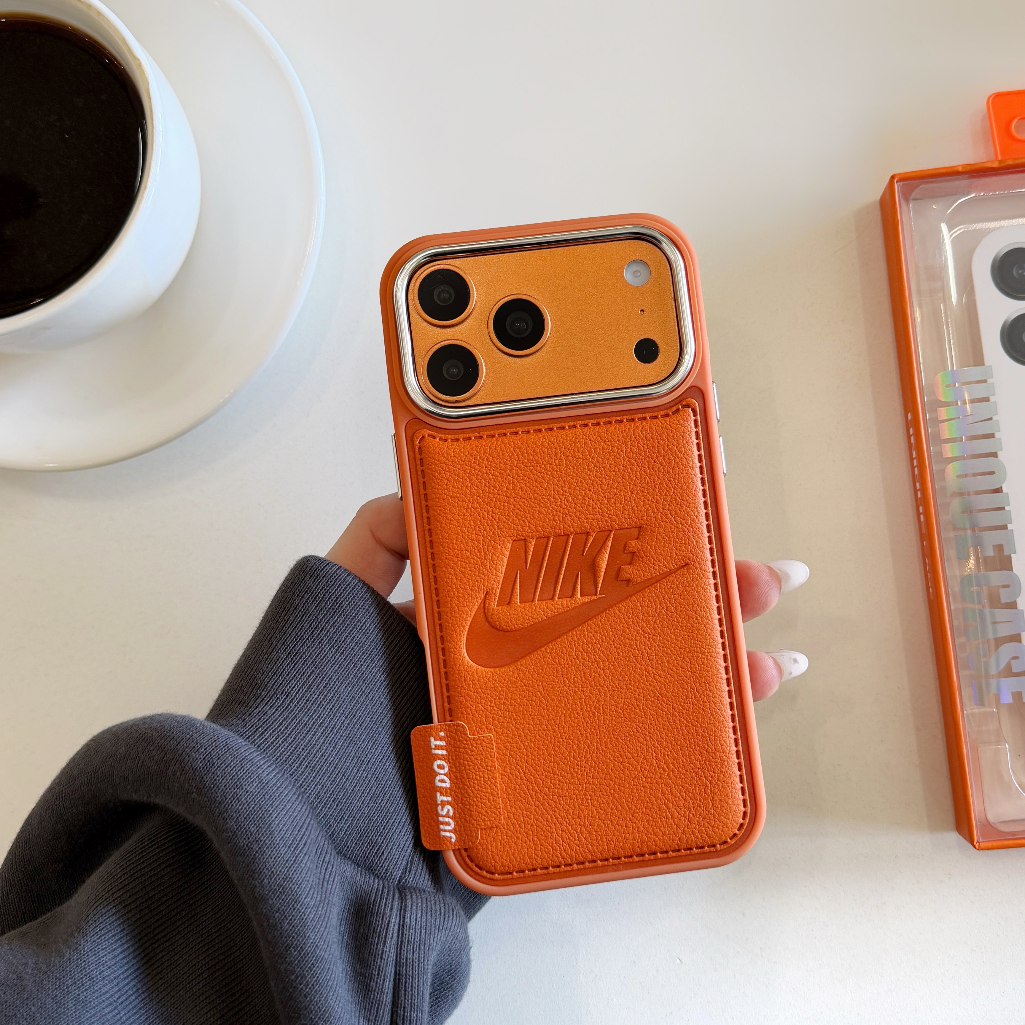 Nike Embossed Leather Protective Cover - Just Do It Design Compatible with iPhone 13 to 17