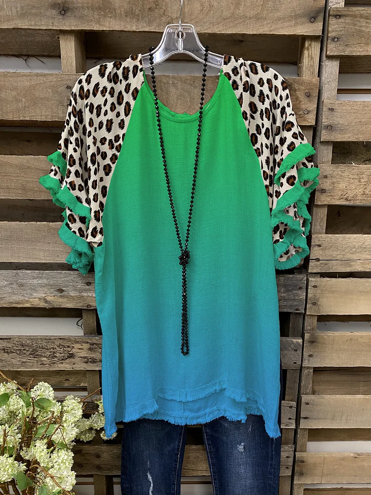 Casual gradient leopard print short sleeve top-Mayoulove