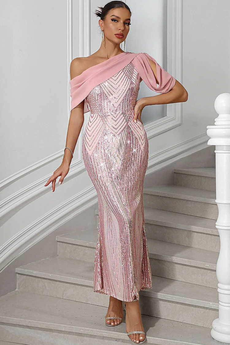 Formal Pink Sequin One Shoulder Sleeveless Sheath Maxi Dress