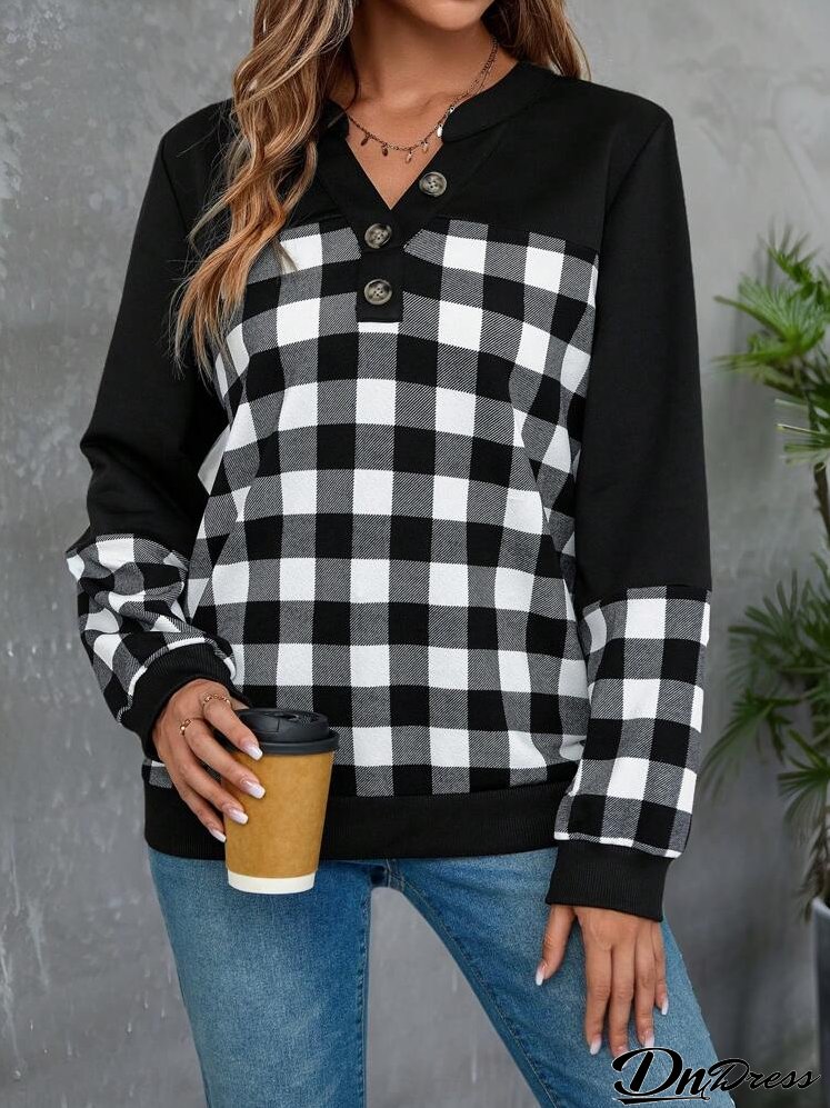 Women's Black Patchwork Plaid Patterned Long-Sleeve Sweatshirt For Autumn