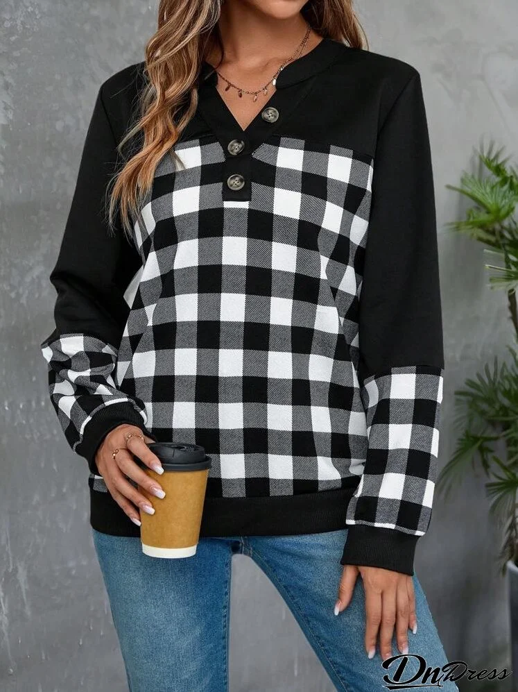 Women's Black Patchwork Plaid Patterned Long-Sleeve Sweatshirt For Autumn