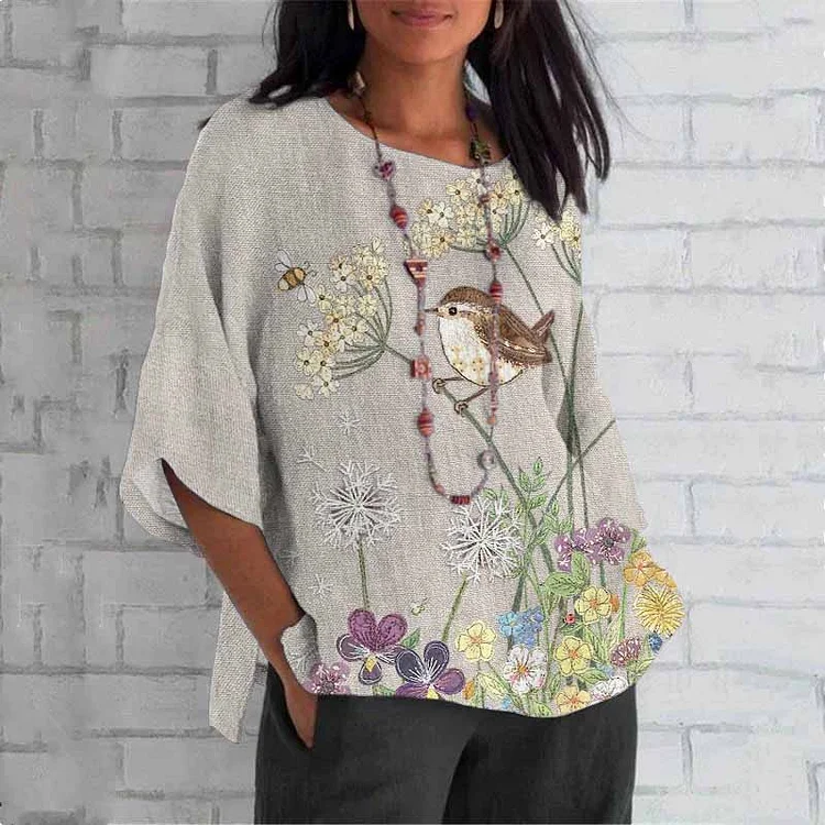 Simpfit Damen-Oberteile mit Rundhalsausschnitt, Boho-Vögel-Blumenkunst