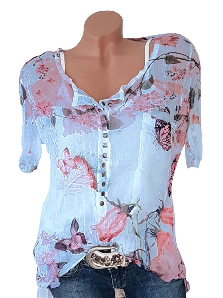 V Neck Loose Fitting Short Sleeve Blouses