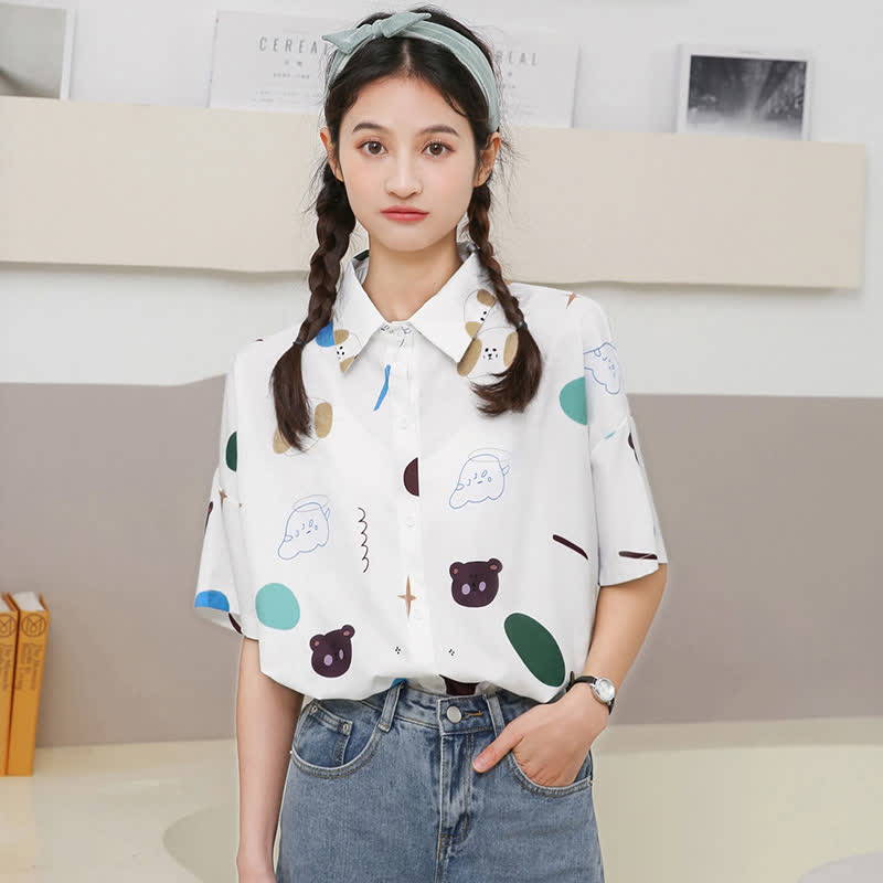 Cartoon Bear Print Lapel Casual T-Shirt
