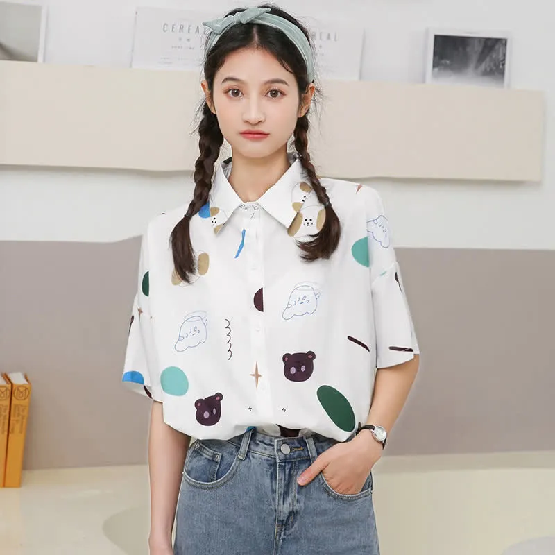 Cartoon Bear Print Lapel Casual T-Shirt