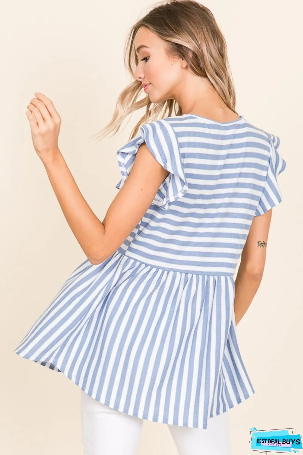 BOMBOM Striped Round Neck Blouse