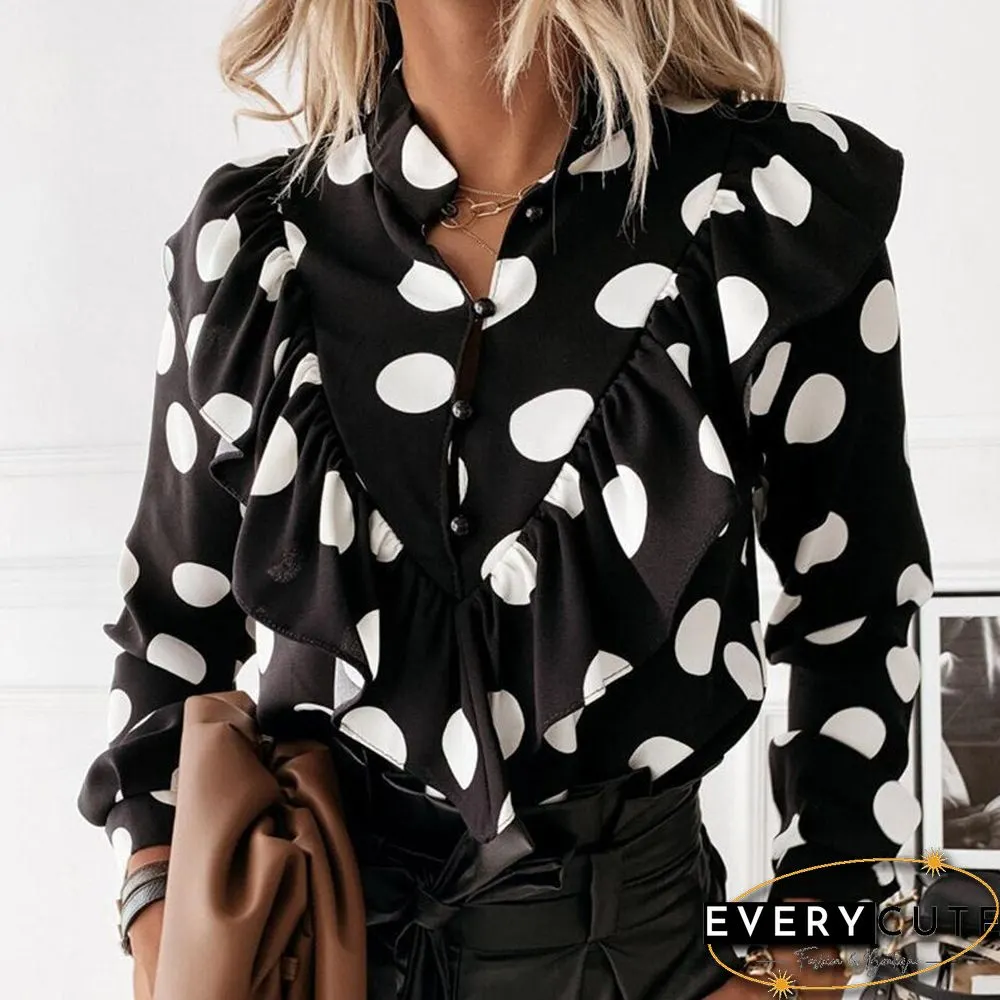 Elegant Print Ruffle Buttons Shirt Blouse Women Neck Pullover Tops Blusa Spring Autumn