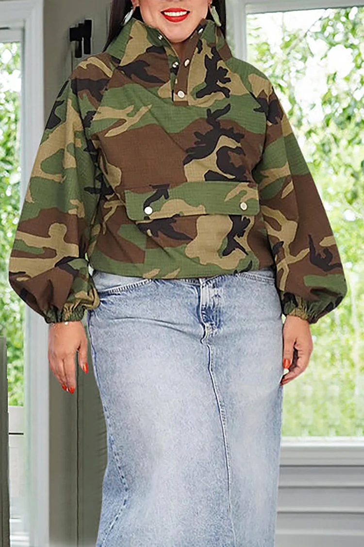 Plus Size Daily Hoodies Casual Army Green Camo Short Stand-Up Collar Long Sleeve Cotton Hoodies [Pre-Order]