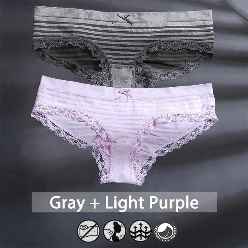 M-XXXL Plus Size Women Panties Underwear Female Lingerie Sexy Briefs Big Pantys Low Waist Lace Panties Striped Intimate 2PCS/Set