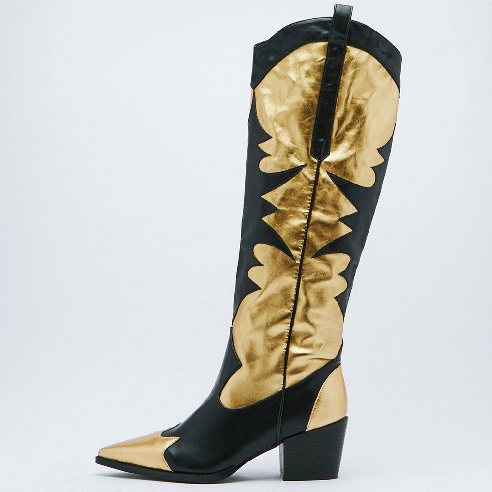Black & Gold Metallic Splicing Shoes Pointed Toe Knee Cowgirl Boots
