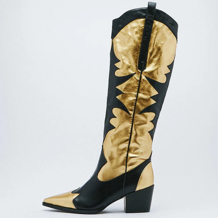 Black & Gold Metallic Splicing Shoes Pointed Toe Knee Cowgirl Boots |FSJ Shoes