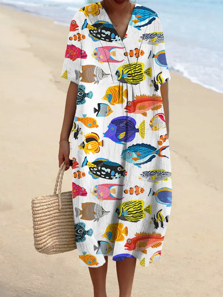 Colorful Cartoon Marine Life Fish Printed Women's Casual Cotton And Linen