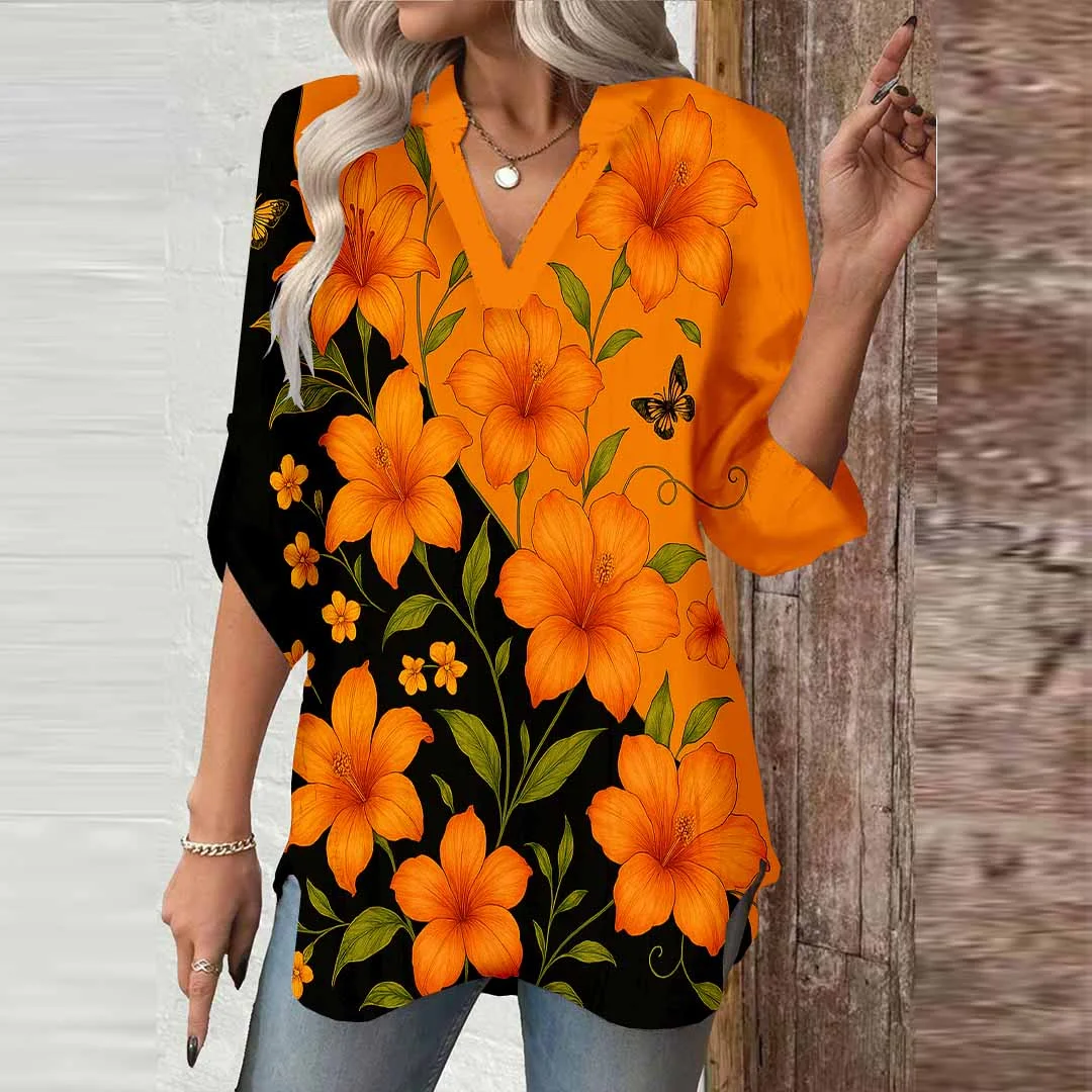 Women Orange,Floral,Black DZGA0791 3/4 Sleeve V-neck Printed Graphic Button Tops