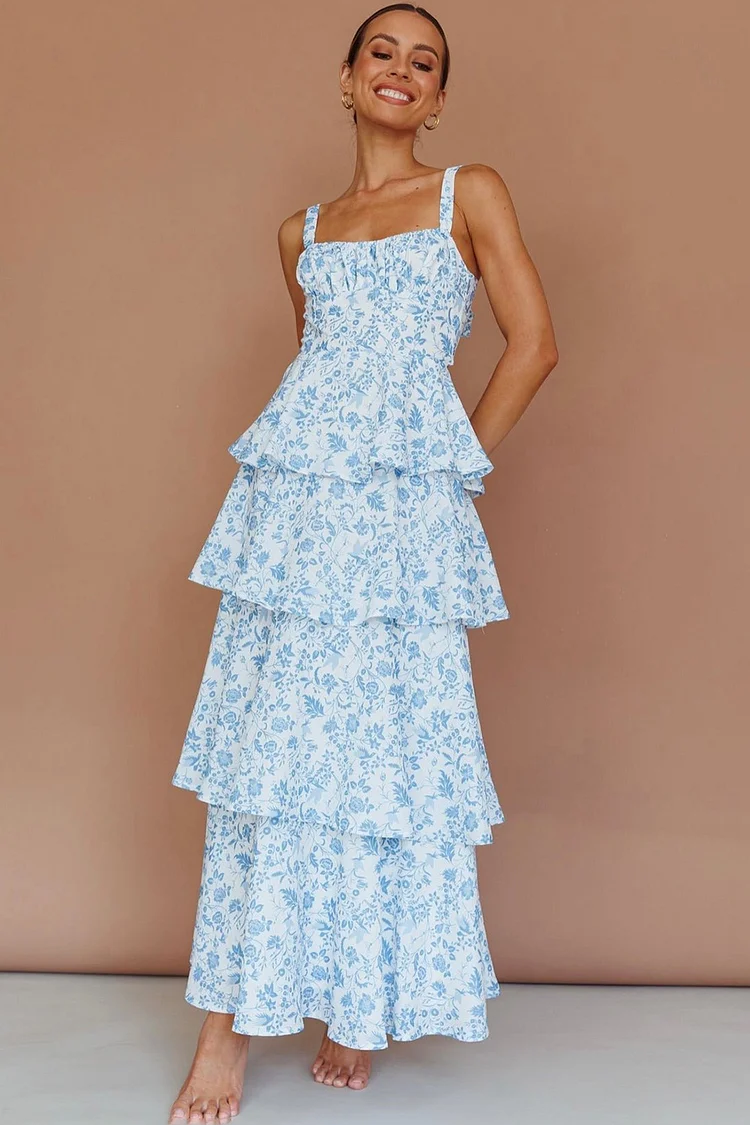 Semi Formal Lake Blue Ditsy Floral Back Bow Tiered Maxi Dress