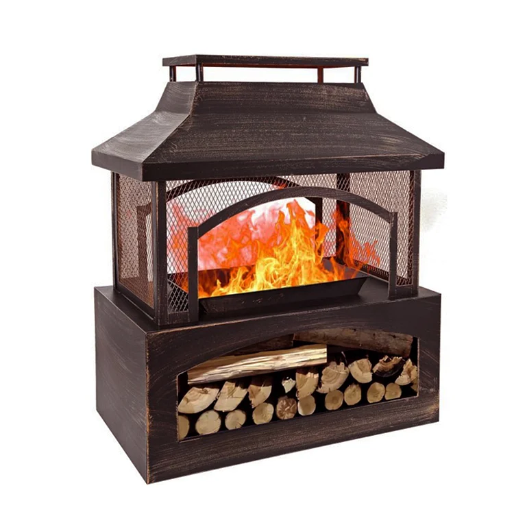 Bestier 37" Steel Rectangular Freestanding Wood Burning Fireplace with Log Rack for Outdoor Use