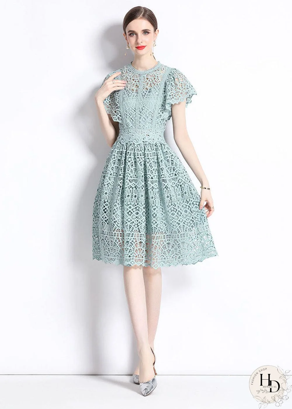 New Hollow Out Embroideried Wrinkled Patchwork Lace Mid Dress Butterfly Sleeve