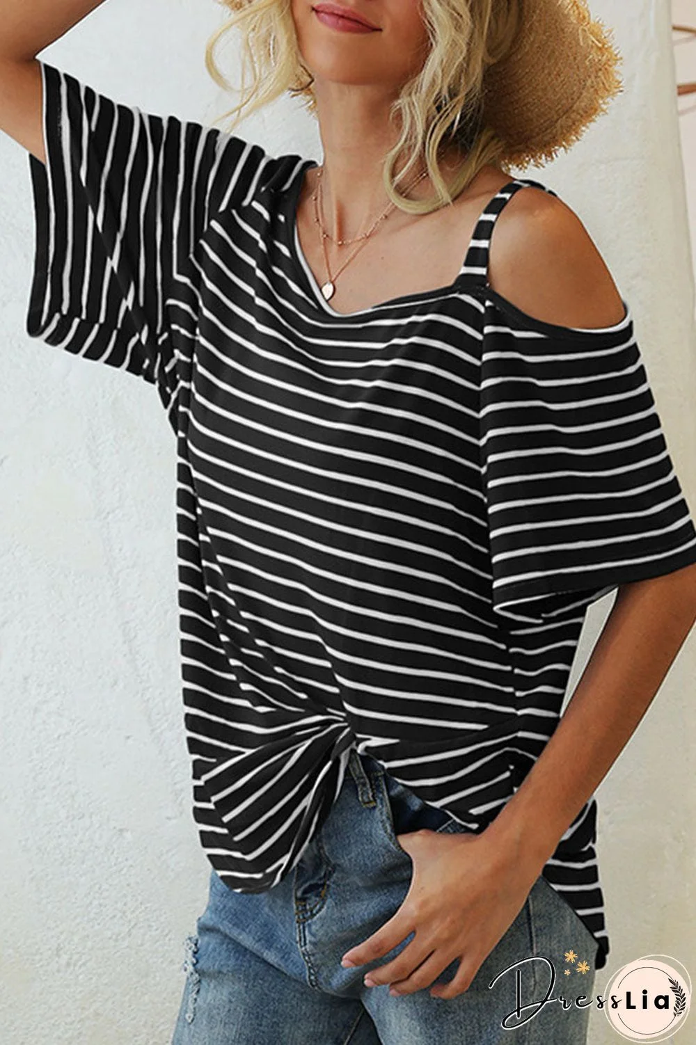 Fashion Street Striped Oblique Collar T-Shirts