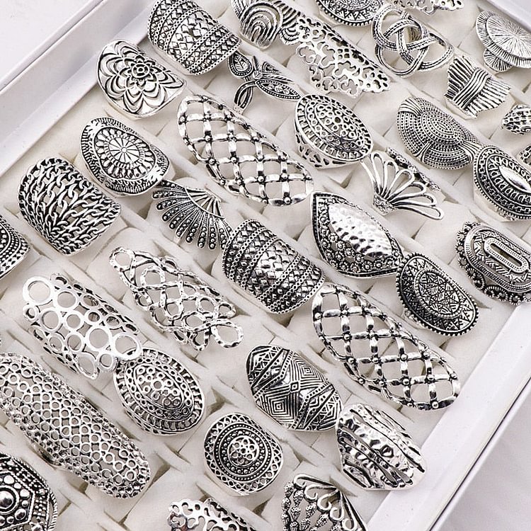 YOY-Mix Style Vintage Carved Flower Silver Plated Rings
