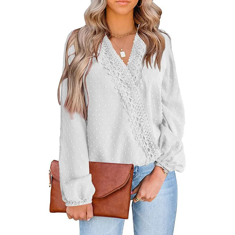 Loose Blouses For Women Fashion Lace Patchwork V Neck Long Sleeve Office Work Shirts Tops Lady Oversized Casual Chiffon Blouse