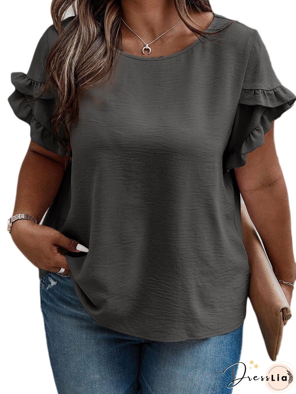 Dark Grey Ruffled Short Sleeve Plus Size Top