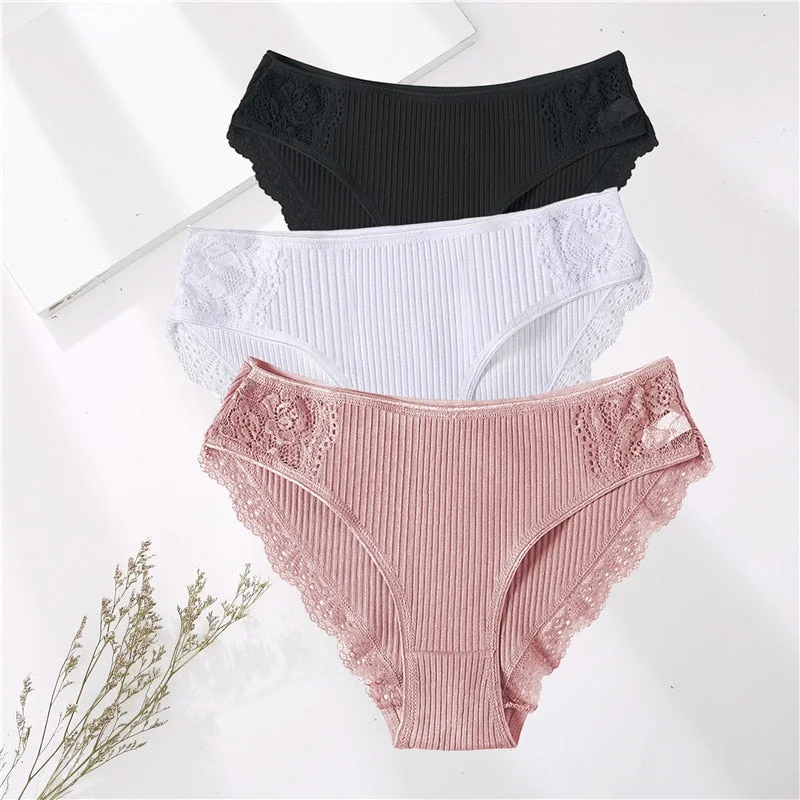 FINETOO 3PCS/Set M-XXL Cotton Underwear Women's Panties Comfort Underpants Floral Lace Briefs For Woman Sexy Low-Rise Intimates