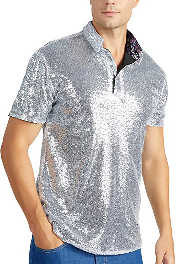 Sequin Reflective Turndown Collar Short Sleeve Shirt