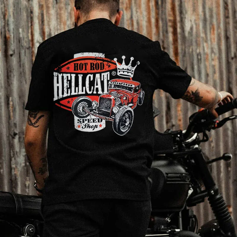 HOT ROD HELL CAT SPEED SHOP Black Print T-Shirt
