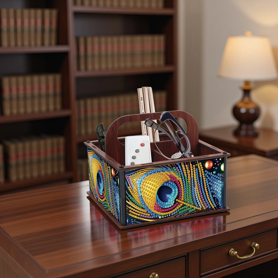 DIY Peacock Feather Wooden Diamond Painting Handheld Storage Box Kit Home Decor