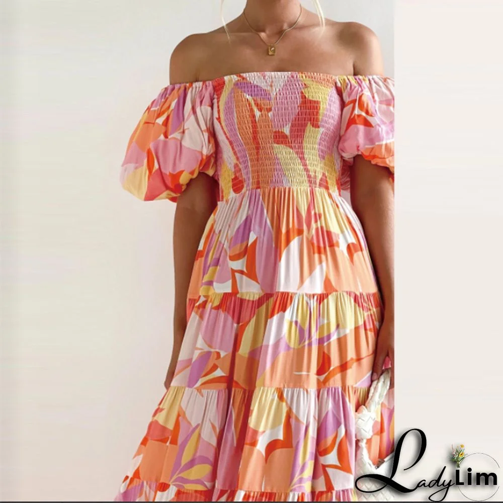 Women Boho Print Off Shoulder Holidays Oversized Dress