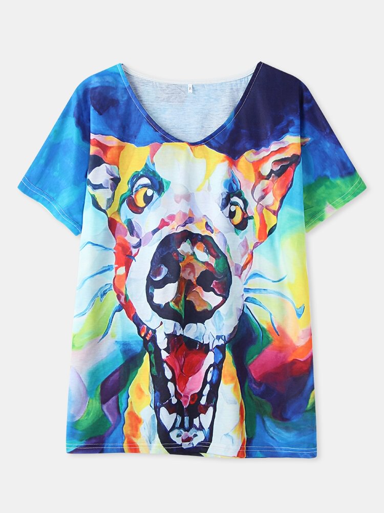 Animal Print V neck Short Sleeve Casual T Shirt For Women P1801027