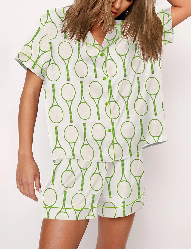 Women’s Tennis Time Tennis Lover Tennis Player Game Day Print Short Sleeve Satin Pajama Set