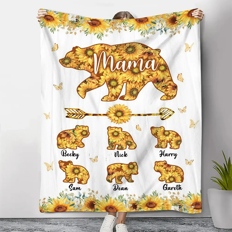 Personalised 6 Names Blanket Sunflowers Bears Family Blanket Mother's Day Gift for Mama