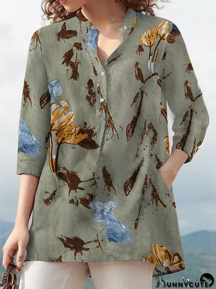 Plants Print Pocket Button Stand Collar 3/4 Sleeve Blouse