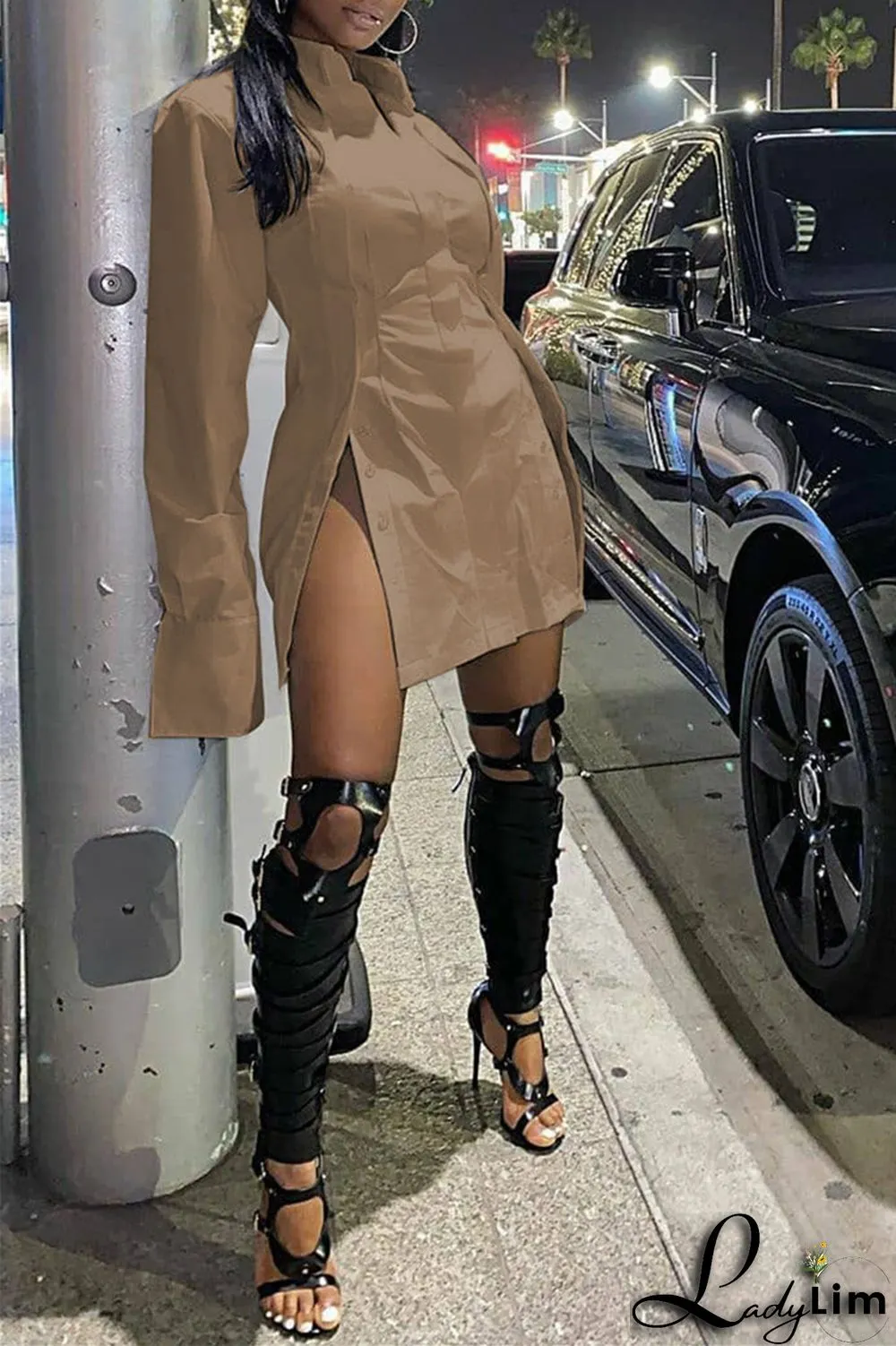 Black Fashion Casual Solid Slit Turndown Collar Shirt Dress Dresses