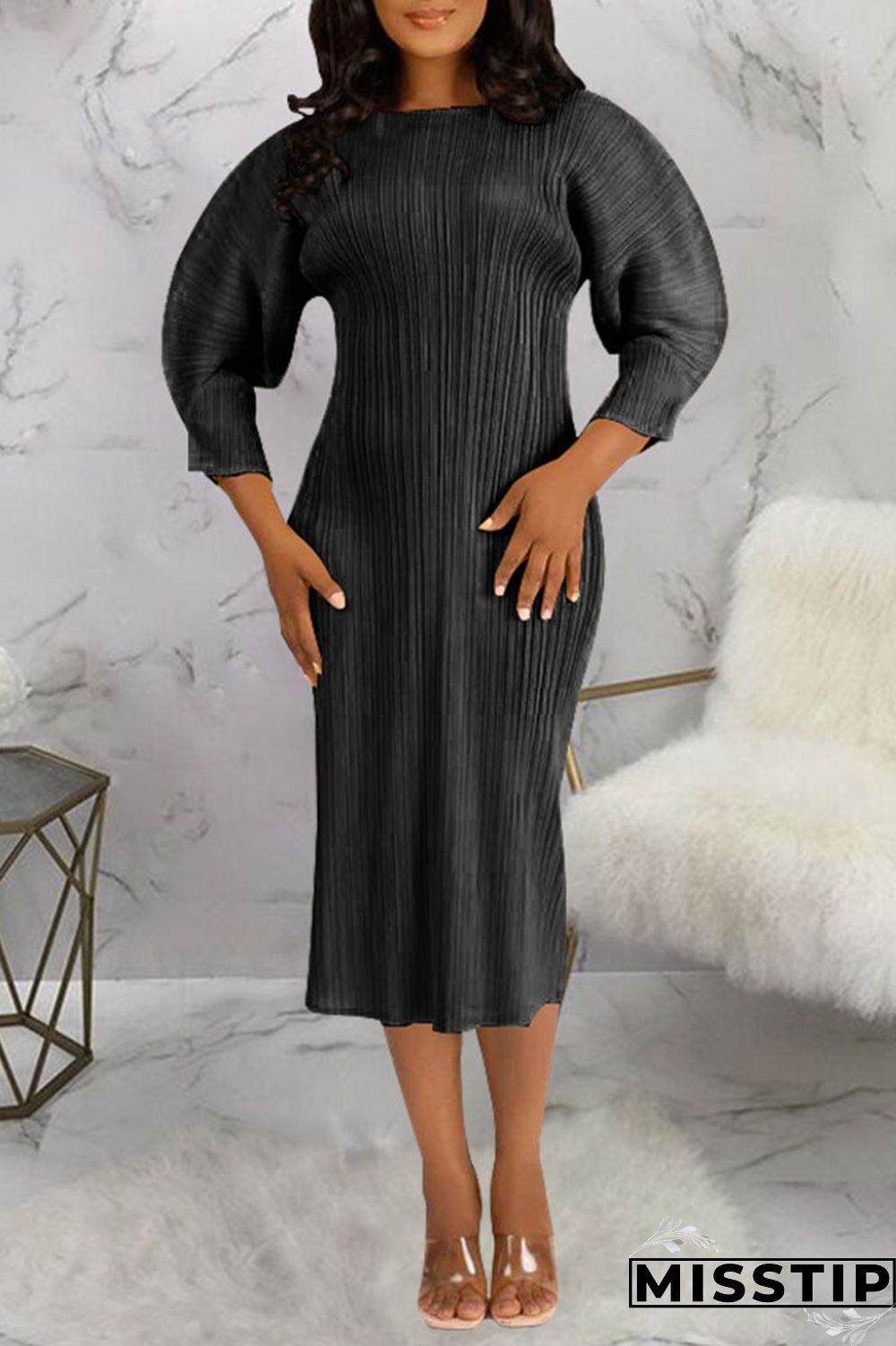 Black Casual Solid Patchwork Fold O Neck Straight Dresses