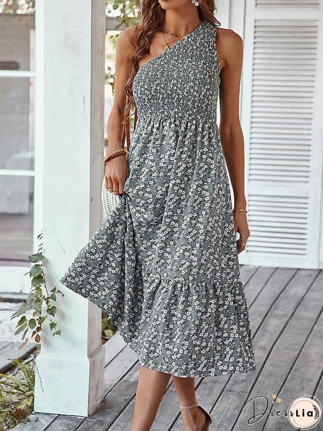 Women's Dresses Sloping Shoulder Floral Print Midi Dress