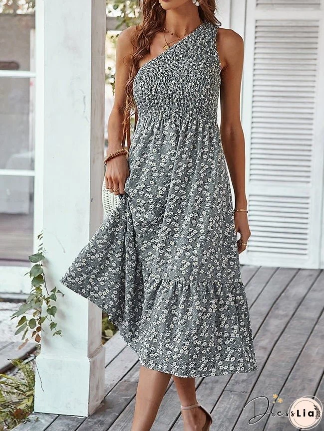 Women's Dresses Sloping Shoulder Floral Print Midi Dress